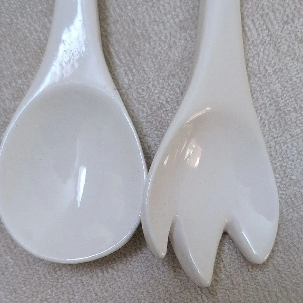 Green and White Ceramic Cabbage Handle Salad Servers